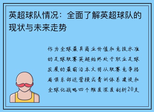 英超球队情况：全面了解英超球队的现状与未来走势