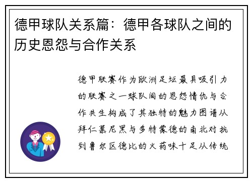 德甲球队关系篇：德甲各球队之间的历史恩怨与合作关系